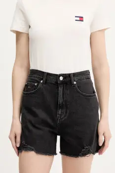 Tommy Jeans pantaloni scurti jeans culoarea negru, uni, high waist, DW0DW21381 imagine