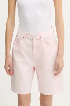 Tommy Jeans pantaloni scurti jeans culoarea roz, uni, high waist, DW0DW21646 imagine