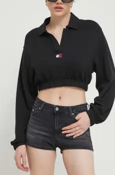 Tommy Jeans pantaloni scurti jeans femei, culoarea negru, neted, high waist, DW0DW17649 imagine
