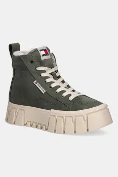 Tommy Jeans pantofi de piele intoarsa TJW VULC FLATFORM SUEDE WL culoarea verde, cu platforma, izolare usoara, EN0EN02894 imagine
