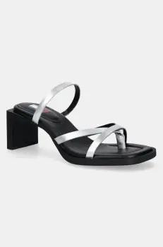 Tommy Jeans papuci de piele THE SOHO SANDAL METALLIC femei, culoarea argintiu, cu toc drept, EN0EN02801 imagine