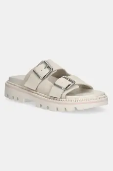 Tommy Jeans papuci din piele DOUBLE STRAP SANDAL SUEDE femei, culoarea bej, cu platforma, EN0EN02797 imagine