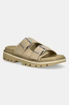 Tommy Jeans papuci din piele DOUBLE STRAP SANDAL SUEDE femei, culoarea bej, cu platforma, EN0EN02797 imagine