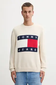 Tommy Jeans pulover de bumbac culoarea bej, light, DM0DM22105 imagine