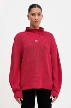 Tommy Jeans pulover de bumbac culoarea bordo, cu turtleneck, DW0DW21676 imagine