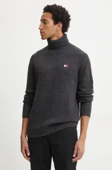 Tommy Jeans pulover din amestec de lana barbati, culoarea gri, cu guler, DM0DM20602 imagine