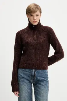 Tommy Jeans pulover din amestec de lana culoarea maro, calduros, cu guler, DW0DW21686 imagine