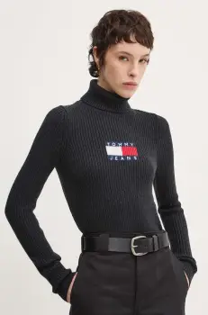 Tommy Jeans pulover din amestec de lana femei, culoarea gri, cu guler, DW0DW18678 imagine