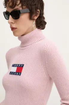 Tommy Jeans pulover din amestec de lana femei, culoarea roz, cu guler, DW0DW18678 imagine