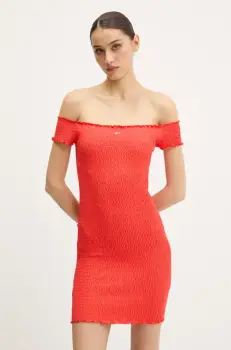 Tommy Jeans rochie culoarea portocaliu, mini, mulata, DW0DW20298 imagine