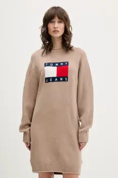 Tommy Jeans rochie din amestec de lana culoarea bej, mini, oversize, DW0DW21462 imagine