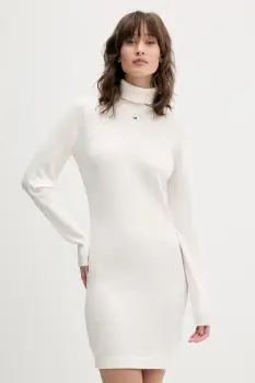 Tommy Jeans rochie din bumbac culoarea alb, mini, mulata, DW0DW21958 imagine