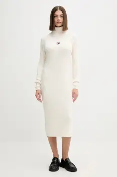 Tommy Jeans rochie din bumbac culoarea bej, midi, mulata, DW0DW22167 imagine