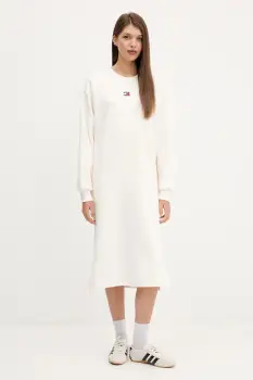 Tommy Jeans rochie din bumbac culoarea bej, mini, oversize, DW0DW21484 imagine