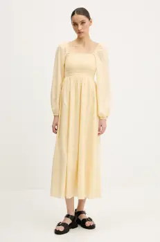 Tommy Jeans rochie din bumbac culoarea galben, midi, evazati, DW0DW21335 imagine