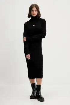 Tommy Jeans rochie din bumbac culoarea negru, midi, mulata, DW0DW22167 imagine