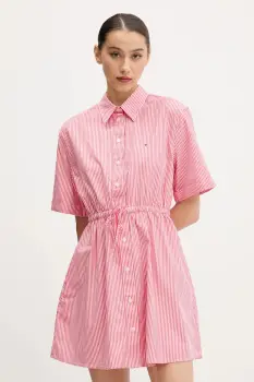 Tommy Jeans rochie din bumbac culoarea roz, mini, evazata, DW0DW20617 imagine