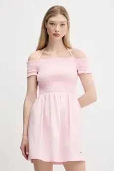 Tommy Jeans rochie din bumbac culoarea roz, mini, evazati, DW0DW20343 imagine