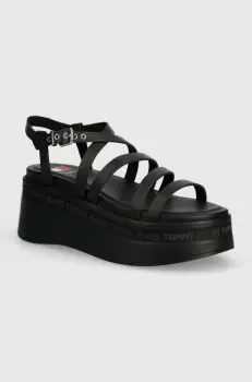 Tommy Jeans sandale de piele TJW STRAPPY WEDGE SANDAL culoarea negru, EN0EN02516 imagine