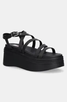 Tommy Jeans sandale de piele WEDGY STRAPPY SANDAL femei, culoarea negru, cu platforma, EN0EN02756 imagine