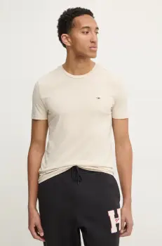 Tommy Jeans tricou barbati, culoarea bej, neted, DM0DM20363 imagine