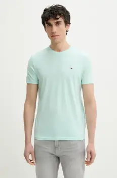 Tommy Jeans tricou barbati, culoarea turcoaz, neted, DM0DM20363 imagine