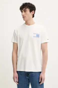 Tommy Jeans tricou din bumbac barbati, culoarea alb, cu imprimeu, DM0DM20774 imagine
