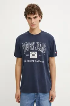Tommy Jeans tricou din bumbac barbati, culoarea albastru marin, cu imprimeu, DM0DM19198 imagine
