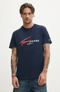 Tommy Jeans tricou din bumbac barbati, culoarea albastru marin, cu imprimeu, DM0DM20817 imagine