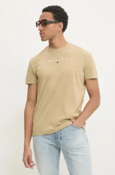 Tommy Jeans tricou din bumbac barbati, culoarea bej, cu imprimeu, DM0DM20744 imagine