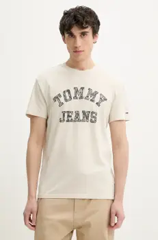 Tommy Jeans tricou din bumbac barbati, culoarea bej, cu imprimeu, DM0DM20773 imagine