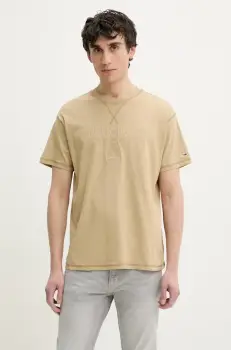 Tommy Jeans tricou din bumbac barbati, culoarea bej, cu imprimeu, DM0DM20805 imagine