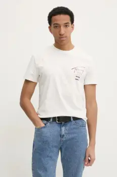 Tommy Jeans tricou din bumbac barbati, culoarea bej, cu imprimeu, DM0DM21106 imagine