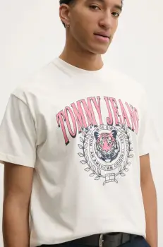 Tommy Jeans tricou din bumbac barbati, culoarea bej, cu imprimeu, DM0DM21191 imagine