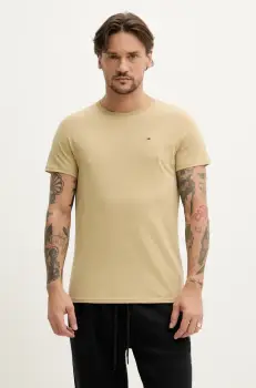 Tommy Jeans tricou din bumbac barbati, culoarea bej, neted, DM0DM04411 imagine