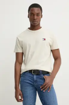 Tommy Jeans tricou din bumbac barbati, culoarea bej, neted, DM0DM20322 imagine