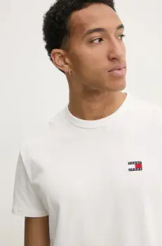 Tommy Jeans tricou din bumbac barbati, culoarea bej, neted, DM0DM20322 imagine