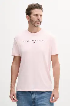 Tommy Jeans tricou din bumbac barbati, culoarea roz, cu imprimeu, DM0DM20744 imagine