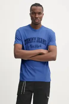 Tommy Jeans tricou din bumbac barbati, culoarea turcoaz, cu imprimeu, DM0DM20356 imagine