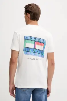Tommy Jeans tricou din bumbac culoarea alb, cu imprimeu, DM0DM21980 imagine