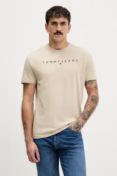 Tommy Jeans tricou din bumbac culoarea bej, cu imprimeu, DM0DM20744 imagine