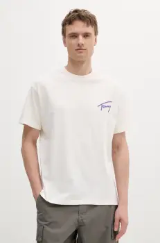 Tommy Jeans tricou din bumbac culoarea bej, cu imprimeu, DM0DM20768 imagine