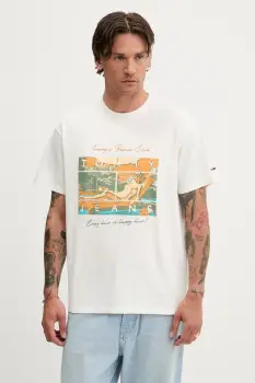 Tommy Jeans tricou din bumbac culoarea bej, cu imprimeu, DM0DM21387 imagine