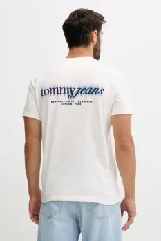 Tommy Jeans tricou din bumbac culoarea bej, cu imprimeu, DM0DM21982 imagine