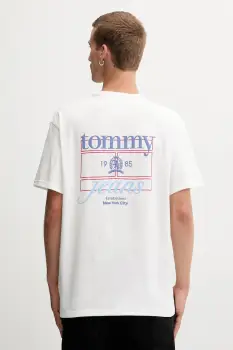 Tommy Jeans tricou din bumbac culoarea bej, cu imprimeu, DM0DM21986 imagine