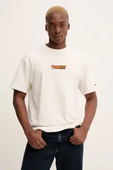 Tommy Jeans tricou din bumbac culoarea bej, cu imprimeu, DM0DM22051 imagine