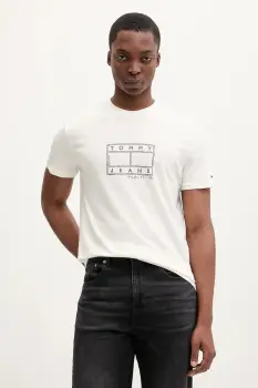 Tommy Jeans tricou din bumbac culoarea bej, cu imprimeu, DM0DM22317 imagine