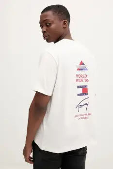 Tommy Jeans tricou din bumbac culoarea bej, cu imprimeu, DM0DM22337 imagine