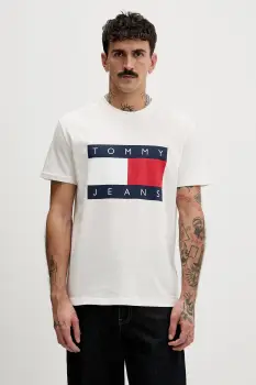 Tommy Jeans tricou din bumbac culoarea bej, cu imprimeu, DM0DM22645 imagine