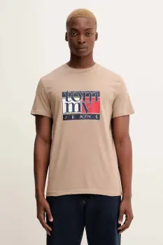 Tommy Jeans tricou din bumbac culoarea maro, cu imprimeu, DM0DM21977 imagine